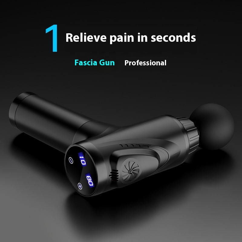 Fascia gun with digital display on a dark background, highlighting its pain-relieving feature.