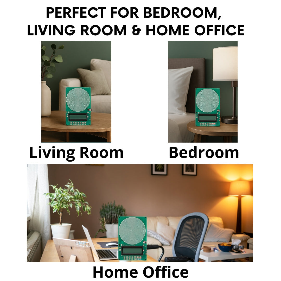 Electronic sound wave display for bedroom, living room, and home office settings with text 'Perfect for Bedroom, Living Room & Home Office'.