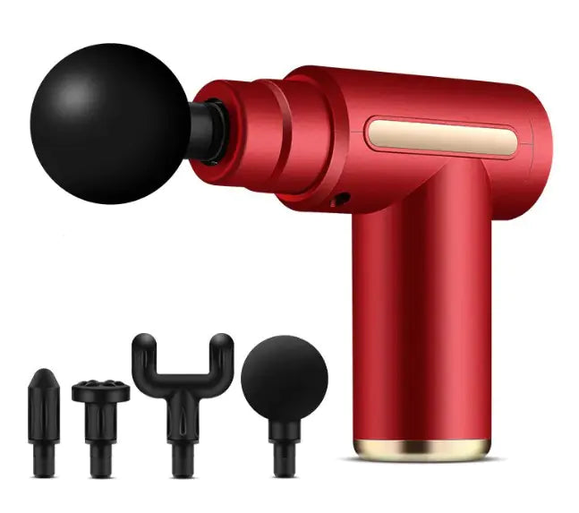 Red massage gun with attachments on a white background