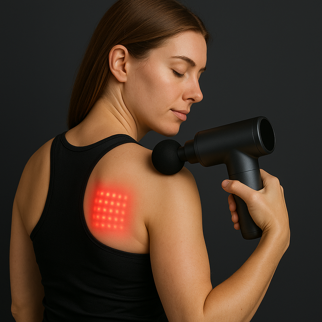 Full-size massage gun used for deep muscle recovery and tension relief