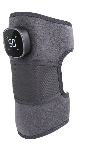 Gray red-light therapy knee brace with digital display on a white background