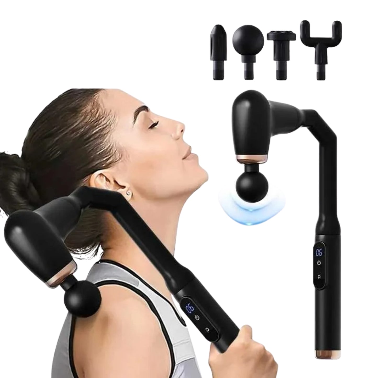 Woman using a black handheld massager on her neck with attachments displayed above.