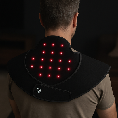 Person wearing a red light therapy wrap for shoulder and back pain relief