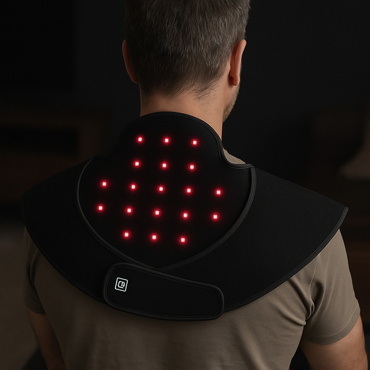 Person wearing a red light therapy wrap for shoulder and back pain relief