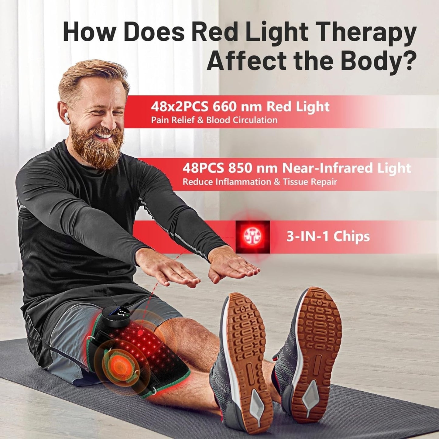 Man using a red light therapy device with text about red light therapy effects.