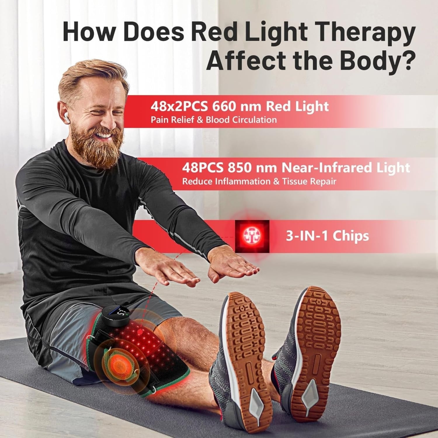Man using a red light therapy device with text about red light therapy effects.