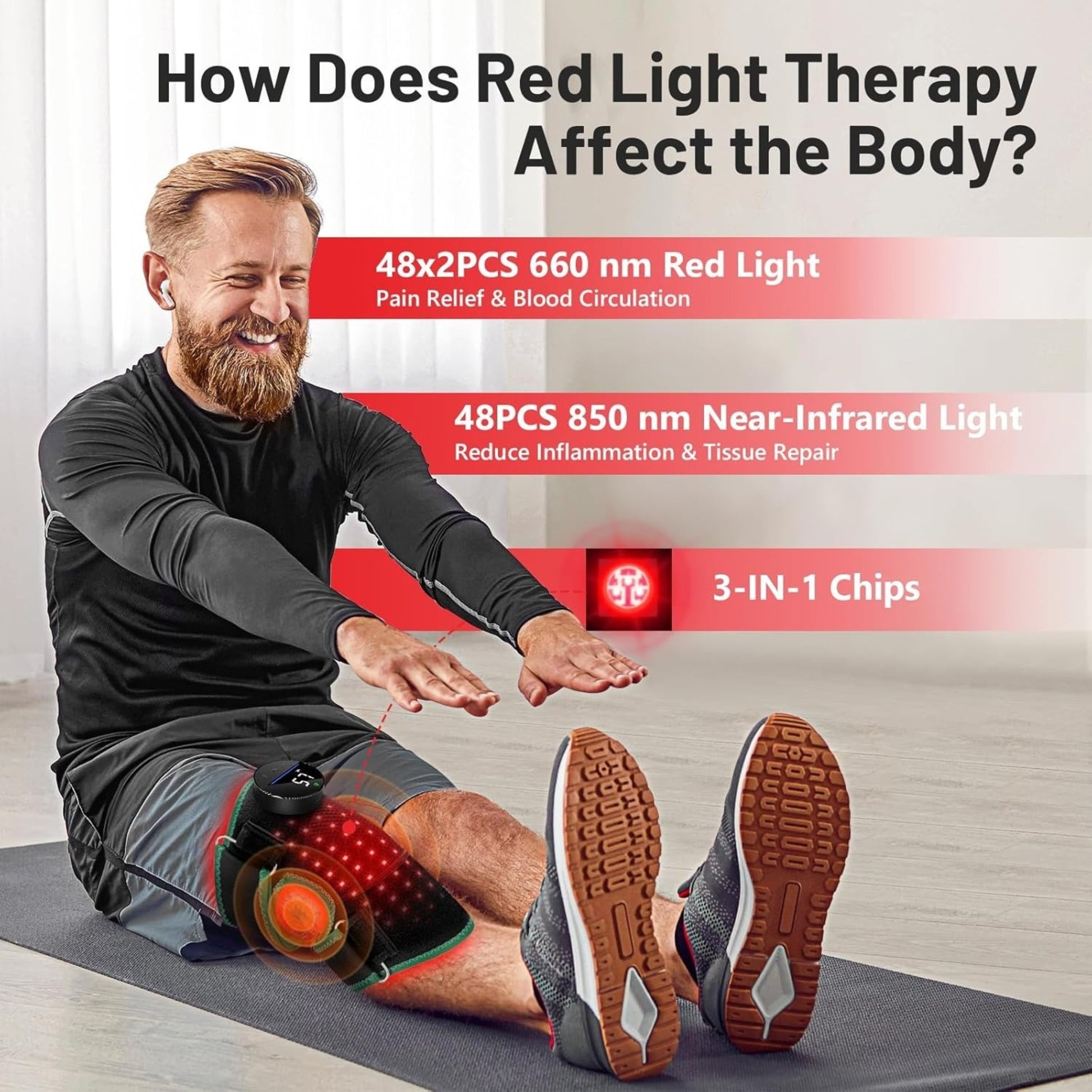 Man using a red light therapy device with text about red light therapy effects.