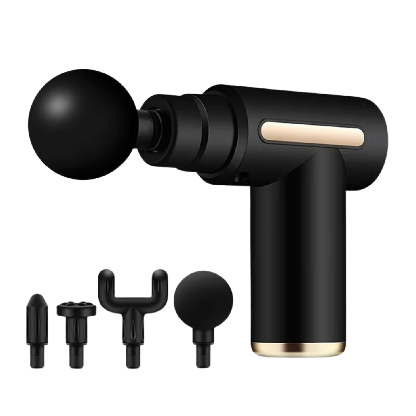 Black massage gun with attachments on a white background