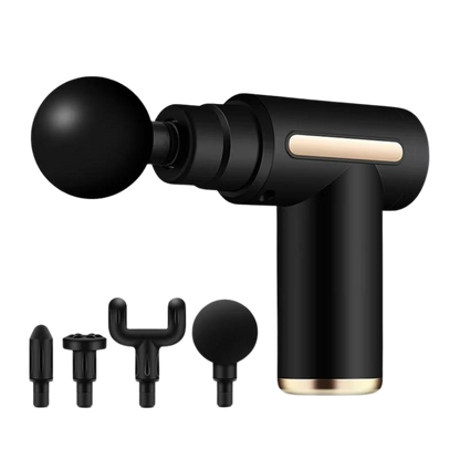 Black massage gun with attachments on a white background