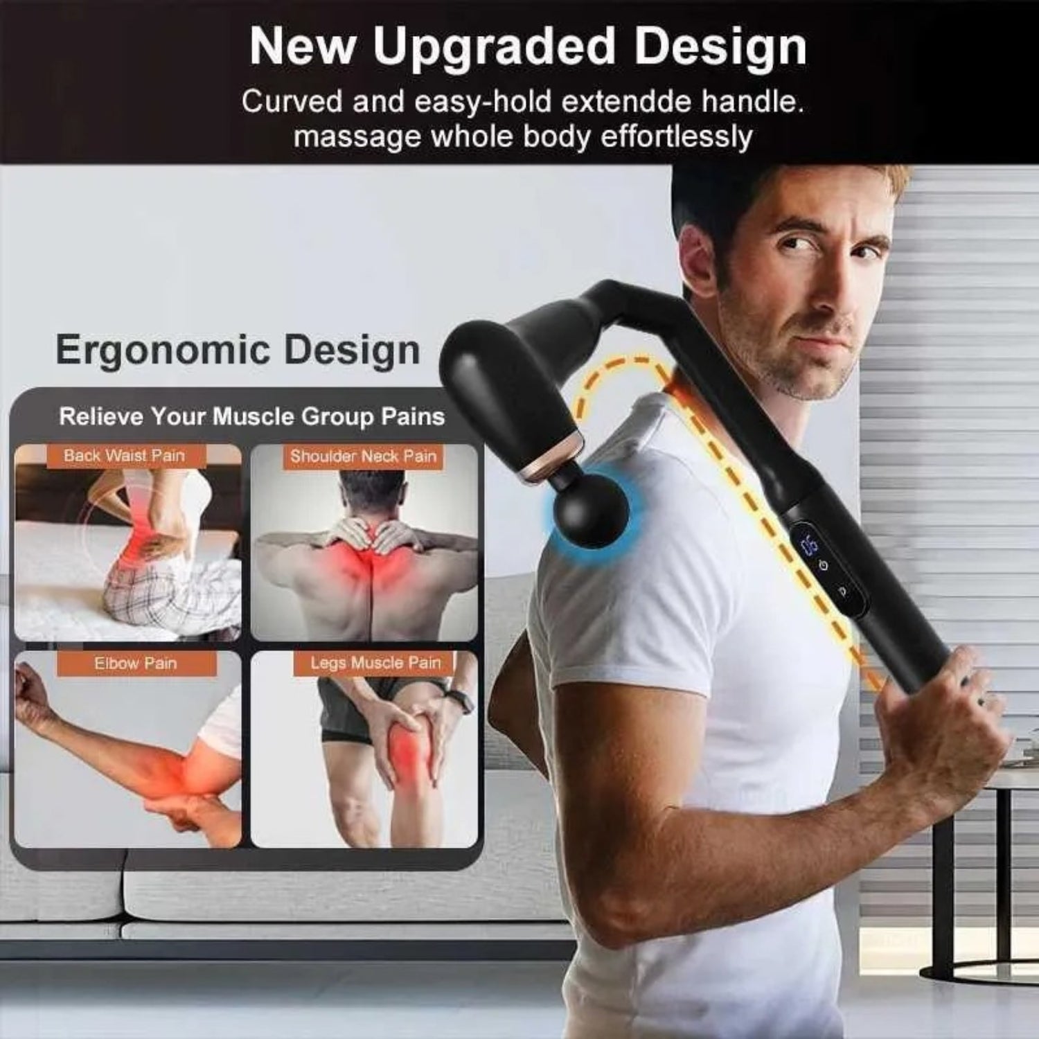 Man using a massage device with text highlighting its features and benefits.