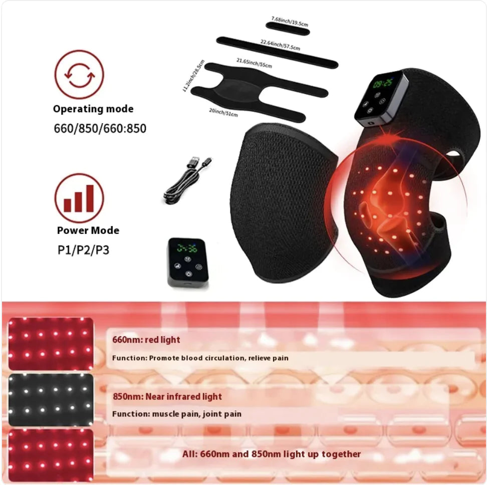 Electromagnetic therapy device with red and near-infrared light features on a white background.