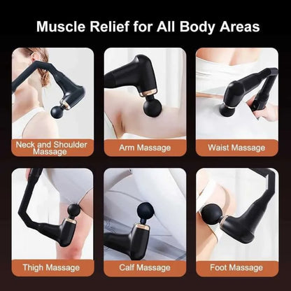 Massage tool used for various body areas with text indicating muscle relief.