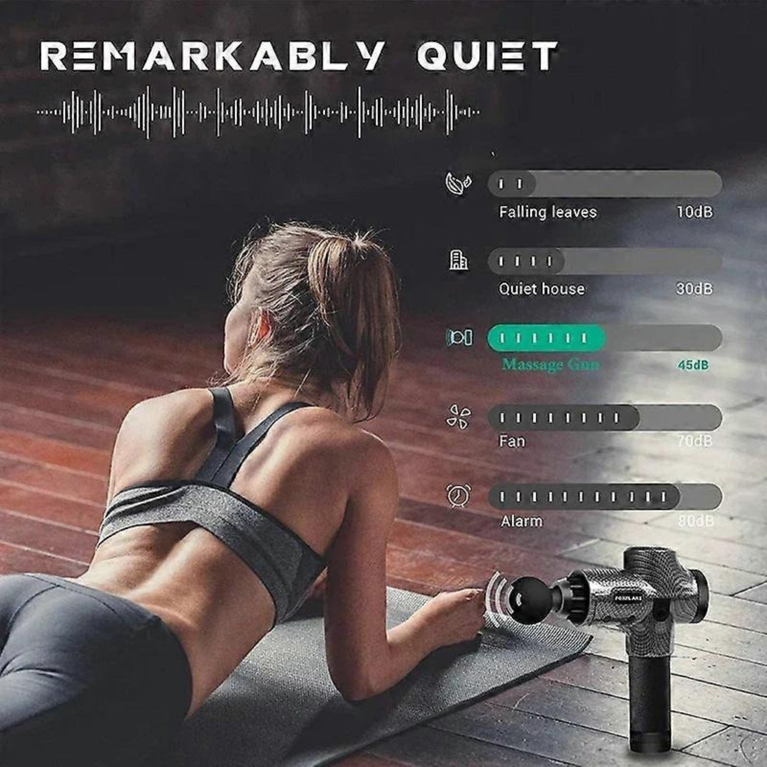 Woman exercising with a massage gun on a mat, sound level indicator on screen