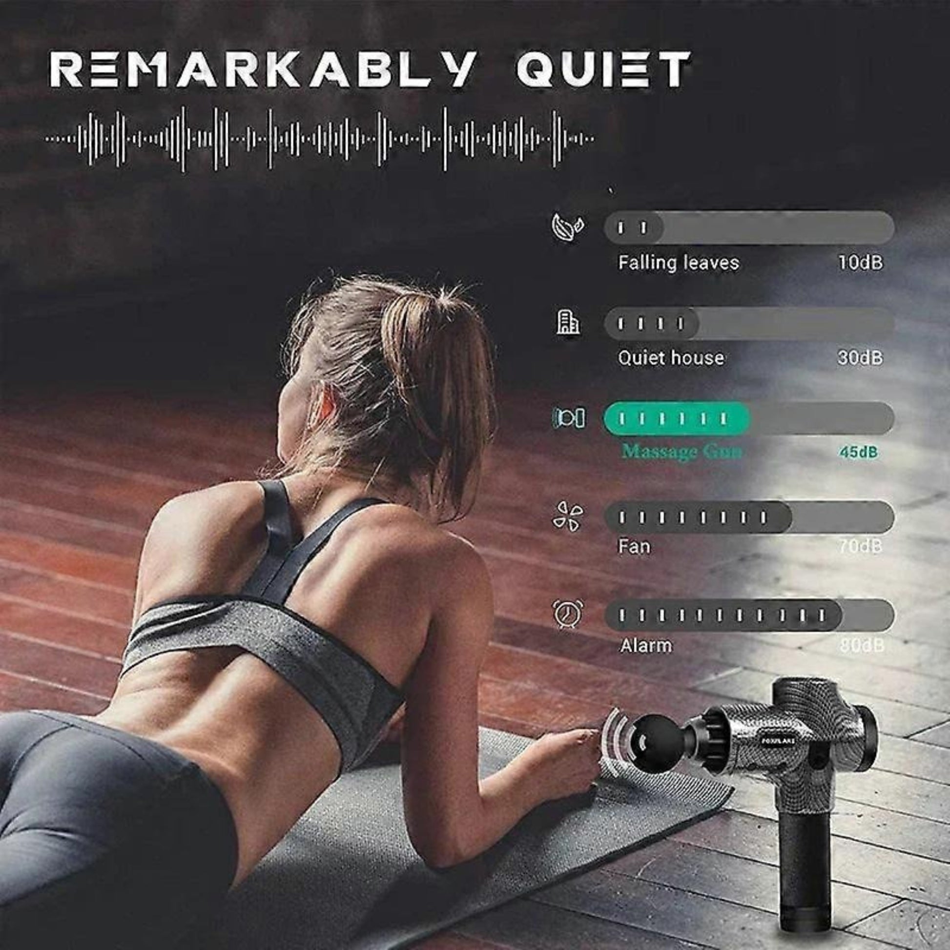Woman exercising with a massage gun on a mat, sound level indicator on screen