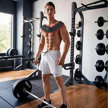 Muscular man wearing a black red light therapy wrap in a gym setting