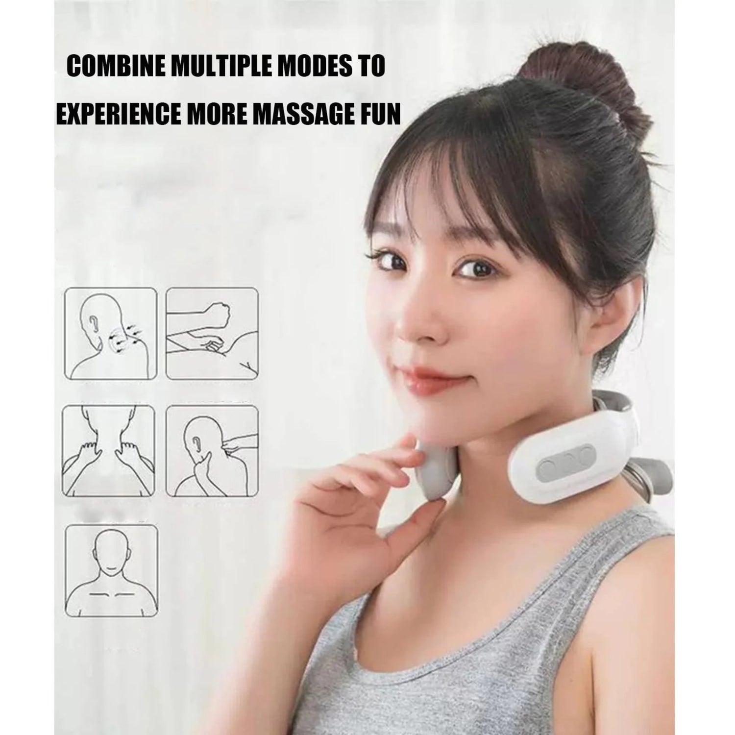 Woman wearing a neck massager with text on modes of use.