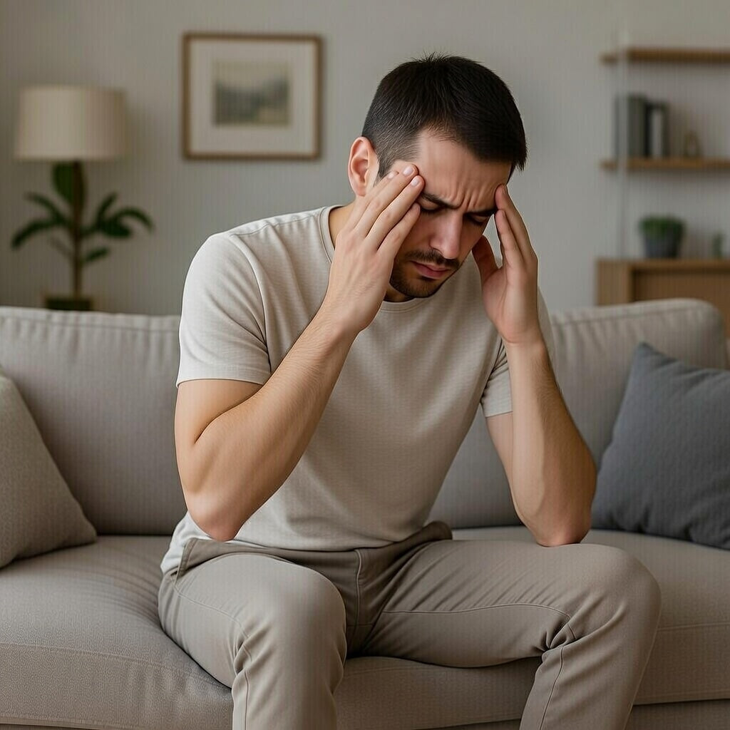 Man sitting on a couch with a headache, holding his head in his hands.