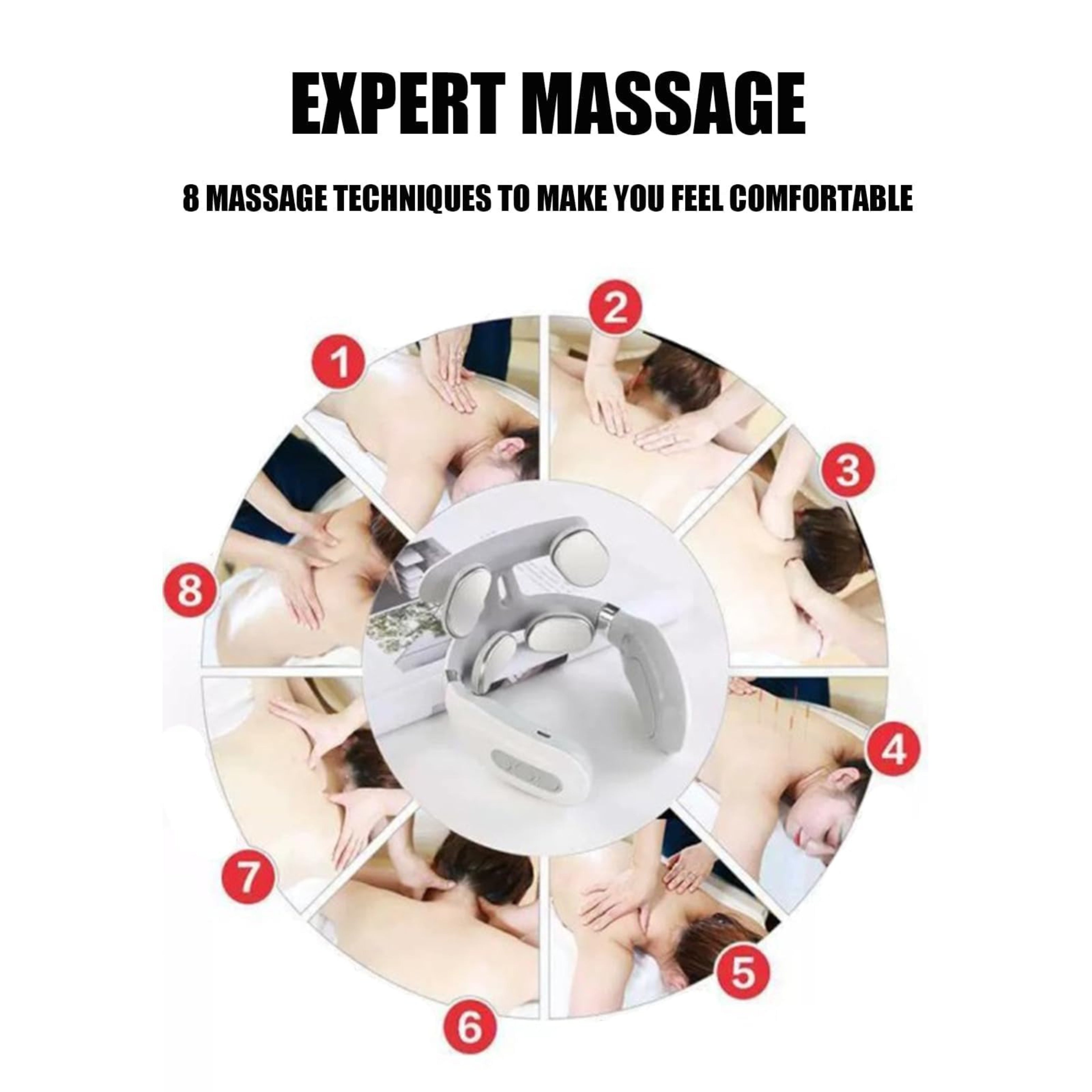 Massage device with images of massage techniques and text on a white background