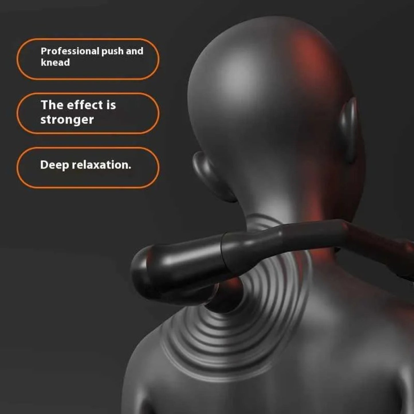Neck massager on a mannequin with text describing its effects.