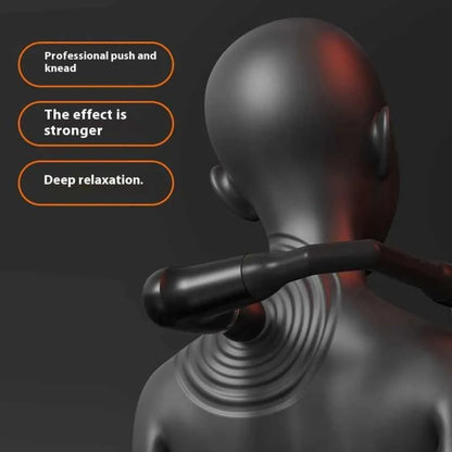 Neck massager on a mannequin with text describing its effects.