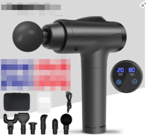 Black massage gun with attachments on a white background