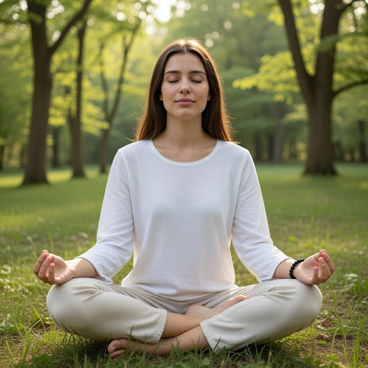 Woman meditating in a park with trees and greenery in the background wearing a relaxation bracelet