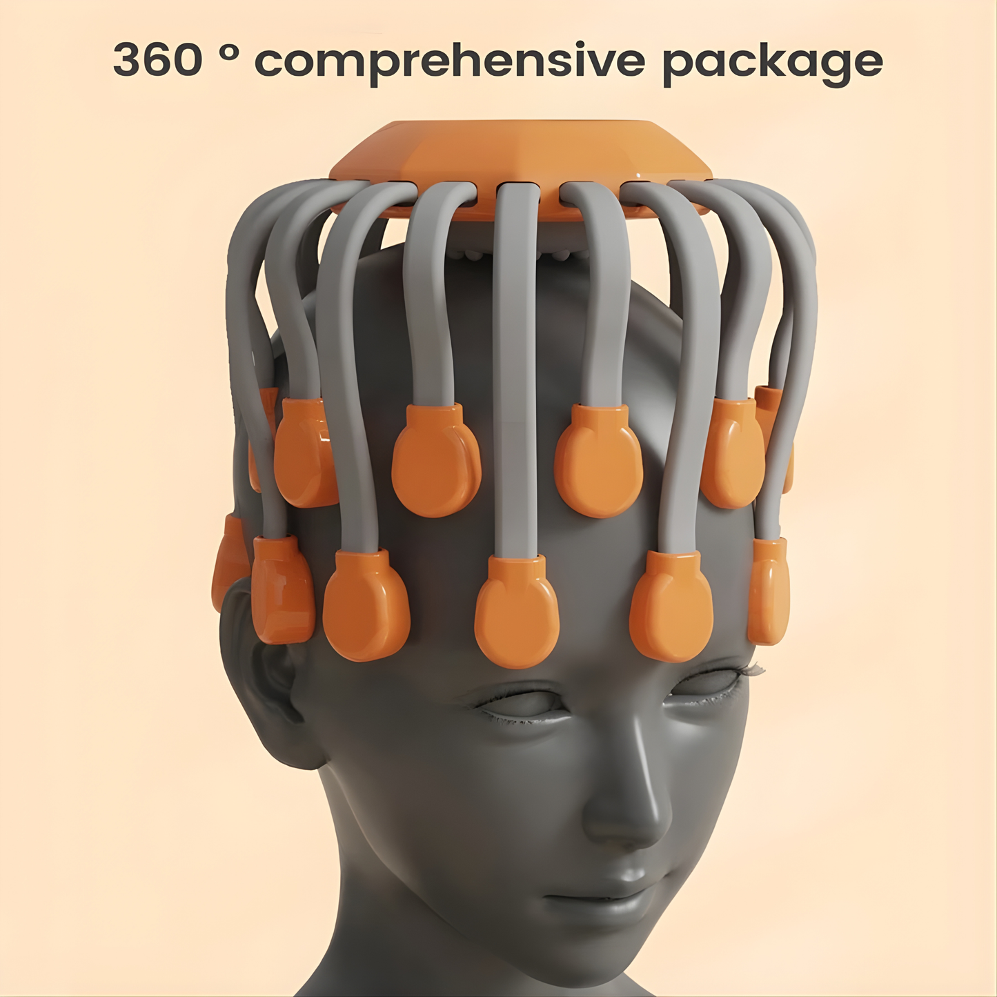 Mannequin head with scalp massager and text “360° comprehensive package” on a beige background
