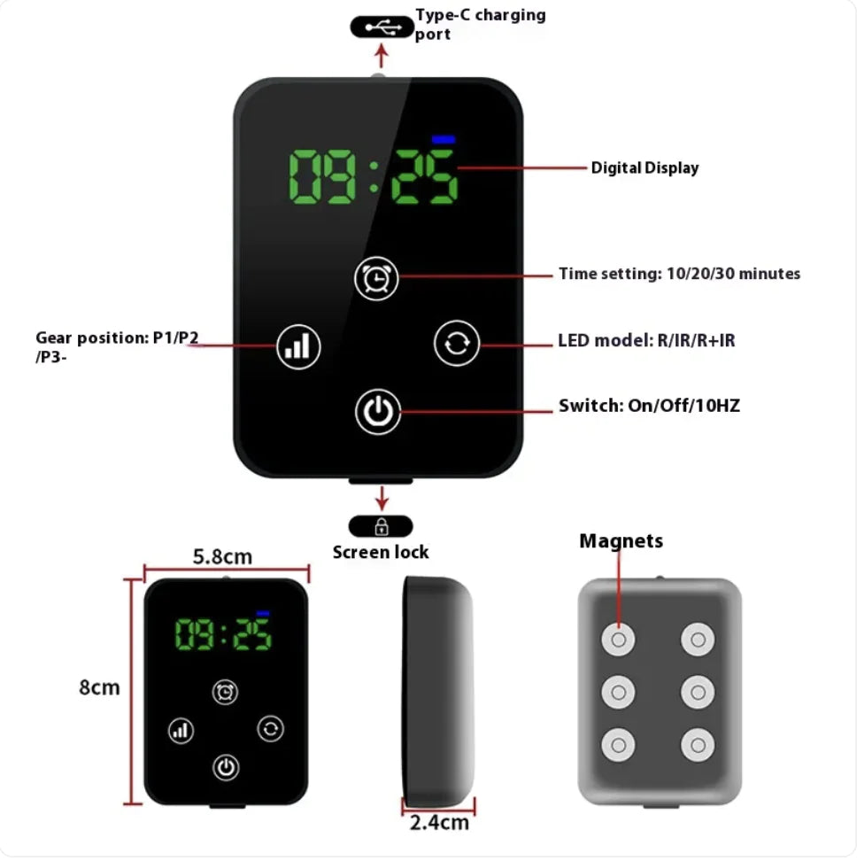 Knee brace device with various features labeled on a white background