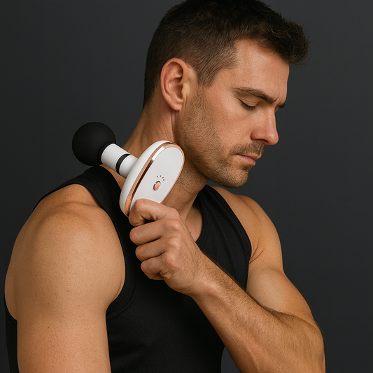 Man using a handheld massager on his shoulder against a dark background