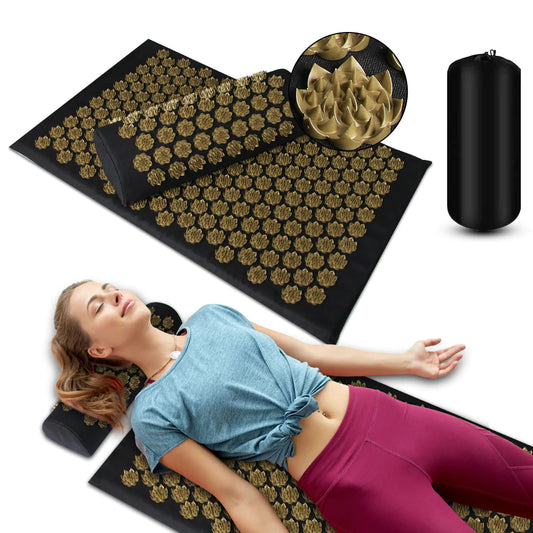 Acupressure mat with needles, a ball, and a person lying on the mat.