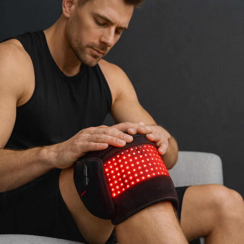 Man using a red light therapy device on his knee against a dark background