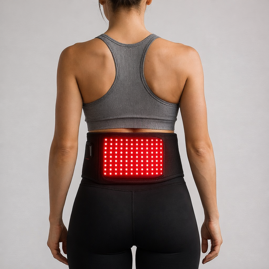 Red light therapy belt designed to support muscle recovery and circulation in the back
