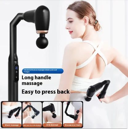Woman using a handheld massage device on her back with product details displayed.