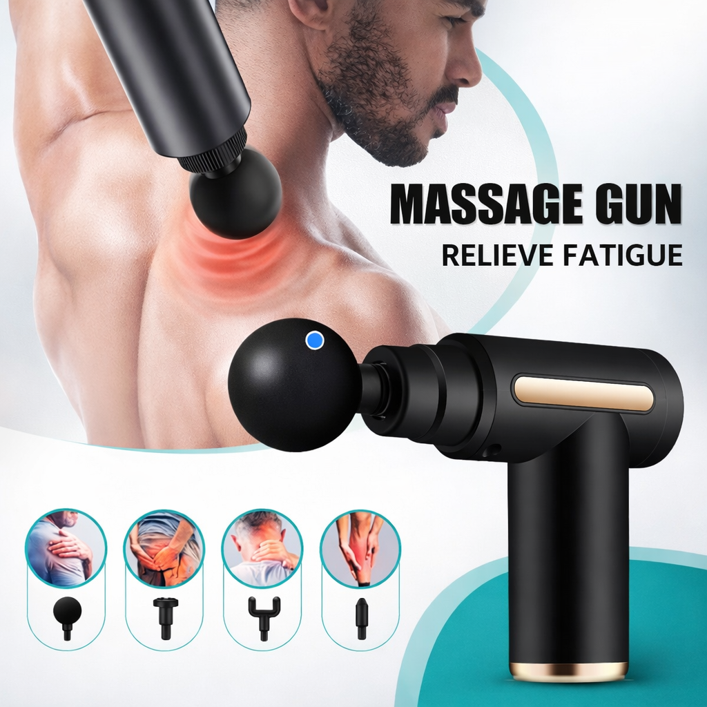 Massage gun being used on a person's neck with text 'Massage Gun Relieve Fatigue' and images of different attachments.