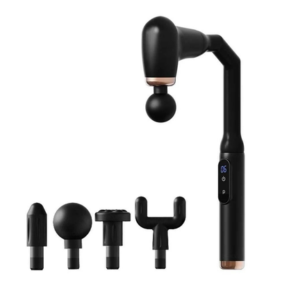 Black handheld massager with interchangeable heads on a white background