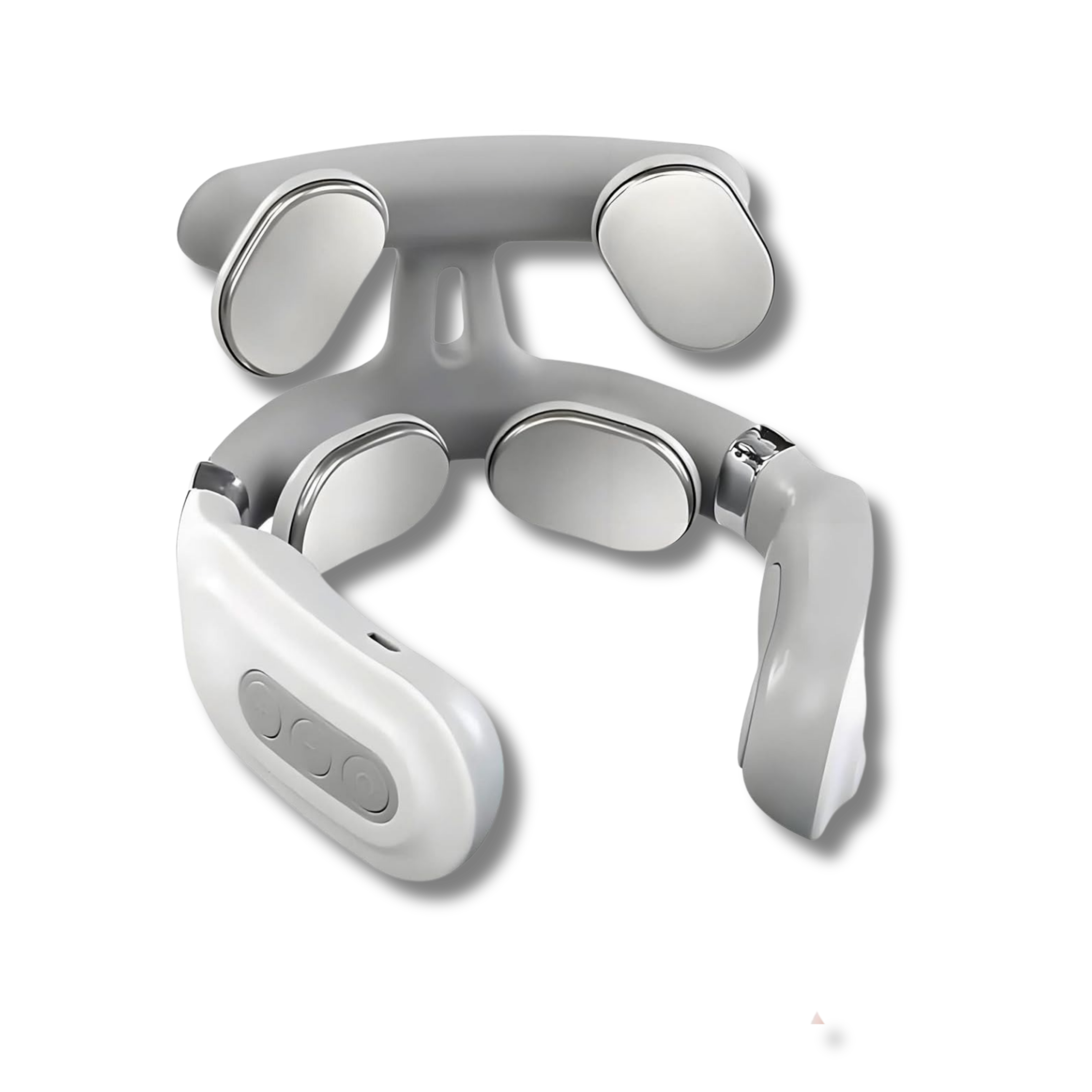 White electronic neck massager with circular components on a white background