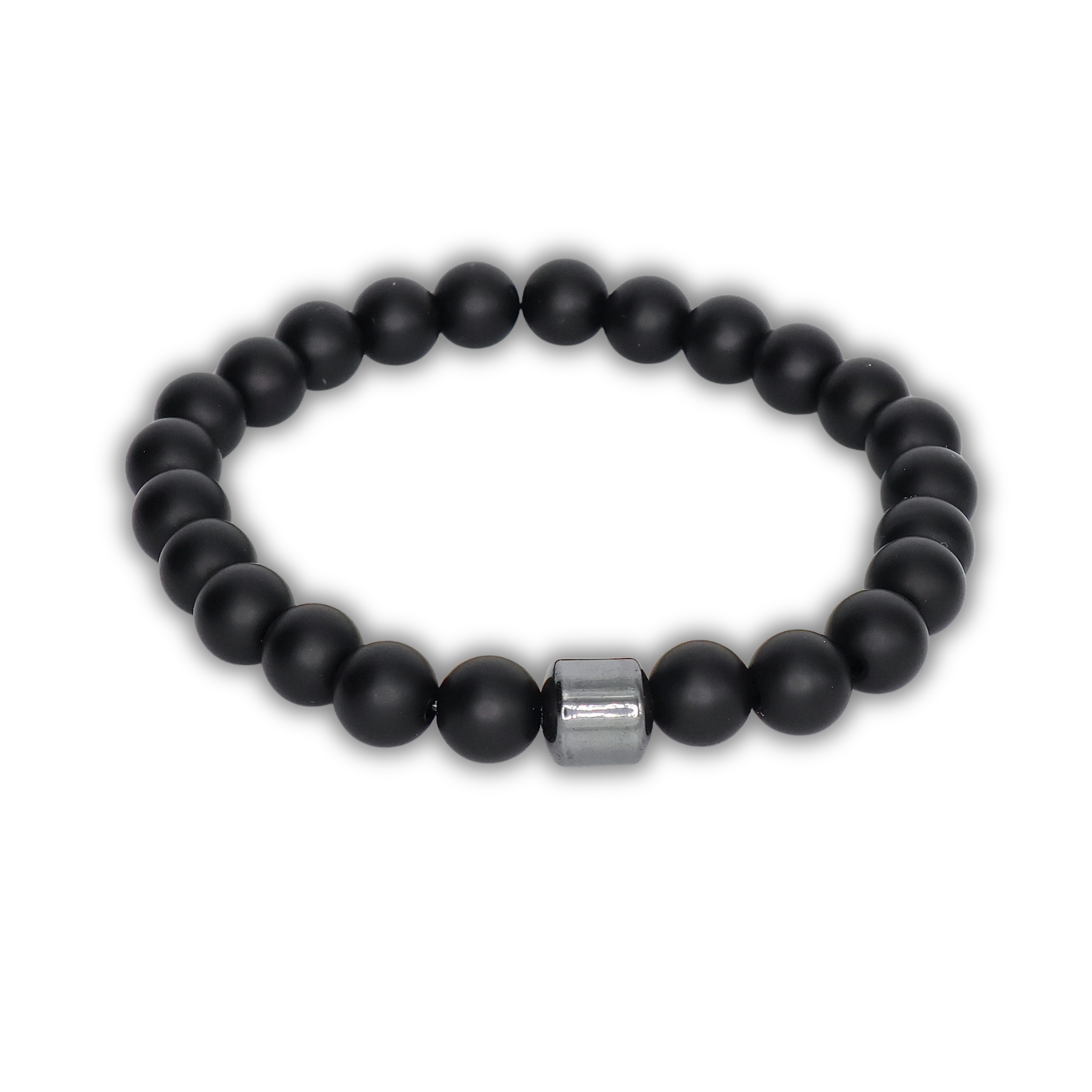 Black relaxation bracelet with a metal clasp on a white background