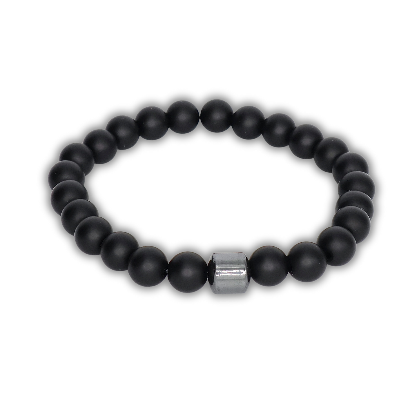 Black relaxation bracelet with a metal clasp on a white background
