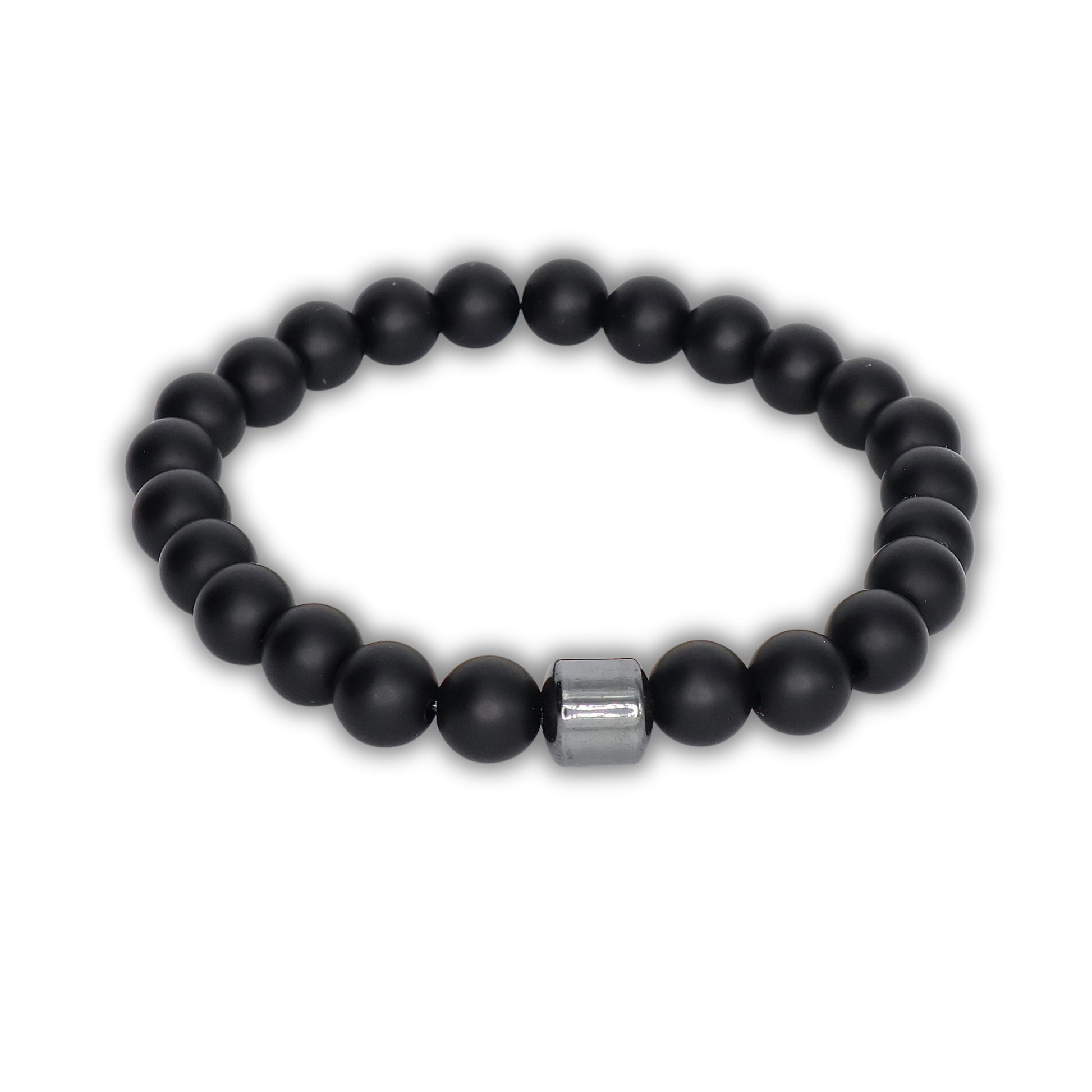 Black relaxation bracelet with a metal clasp on a white background