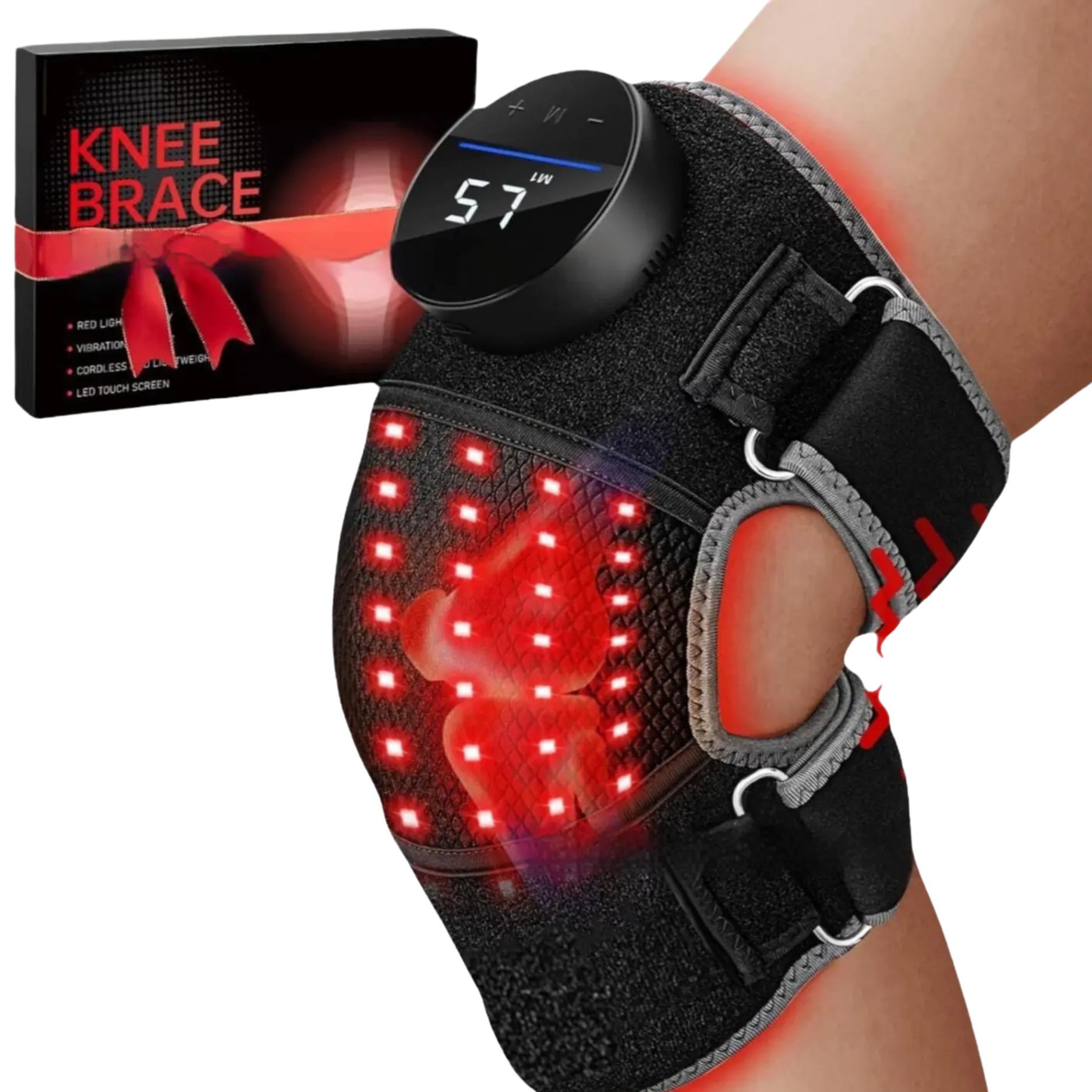 Red light therapy knee brace with digital display next to a knee brace packaging box.