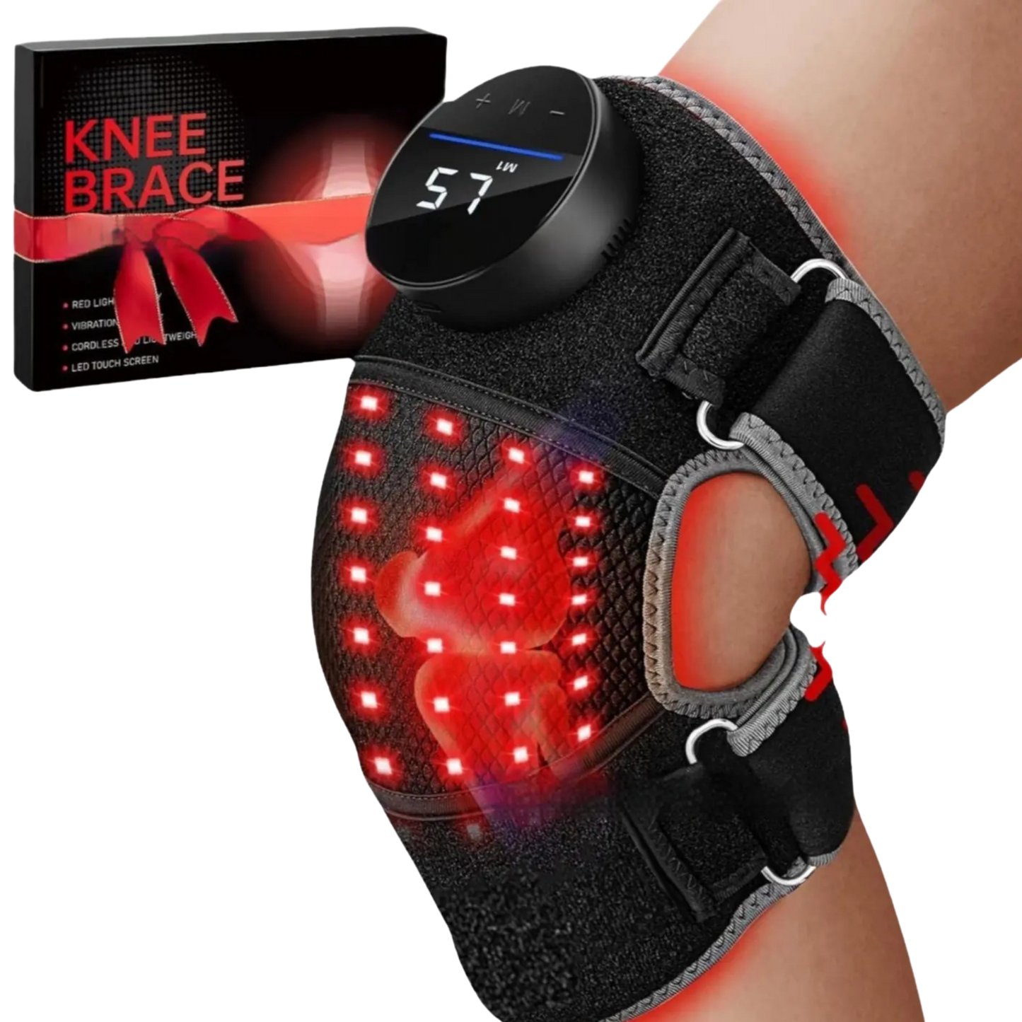 Red light therapy knee brace with digital display next to a knee brace packaging box.