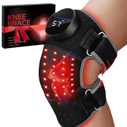 Red light therapy knee brace with digital display next to a knee brace packaging box.