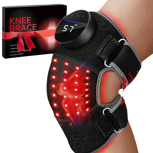 Red light therapy knee brace with digital display next to a knee brace packaging box.