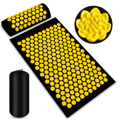 Acupressure mat with yellow nodes and black carrying bag on a white background