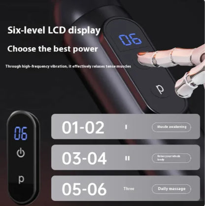 Handheld massager with six-level LCD display and power selection.
