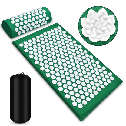 Green acupressure mat with white nodes, black carrying bag, and close-up of nodes on a white background.