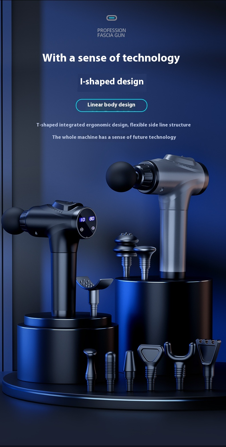 Massage gun with attachments on a dark blue background