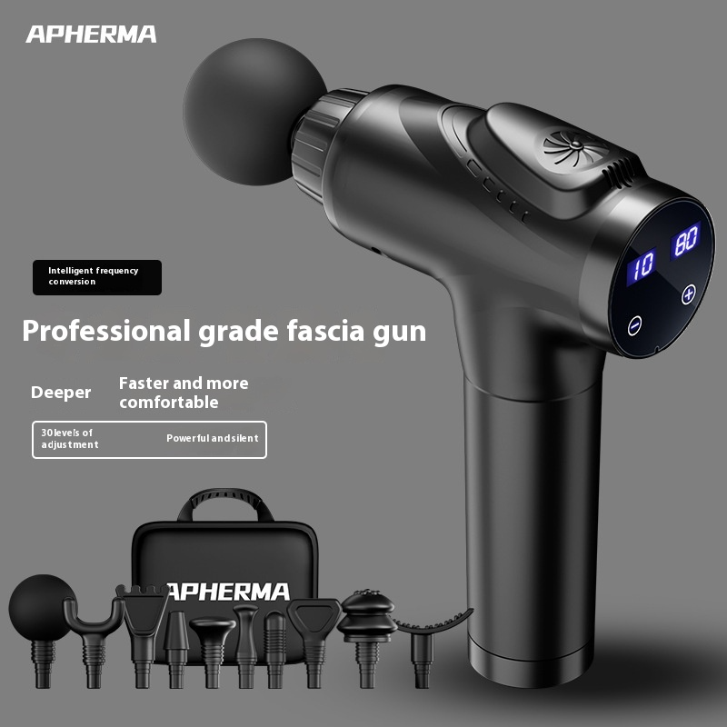 Professional grade fascia gun with attachments on a gray background, featuring the Apherma brand.