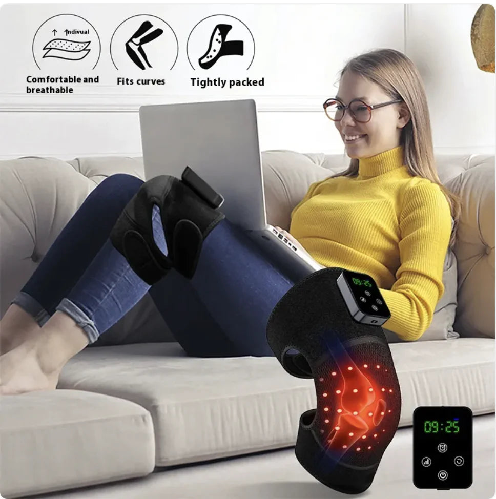 Woman using a red light knee brace on her leg with product features displayed above.