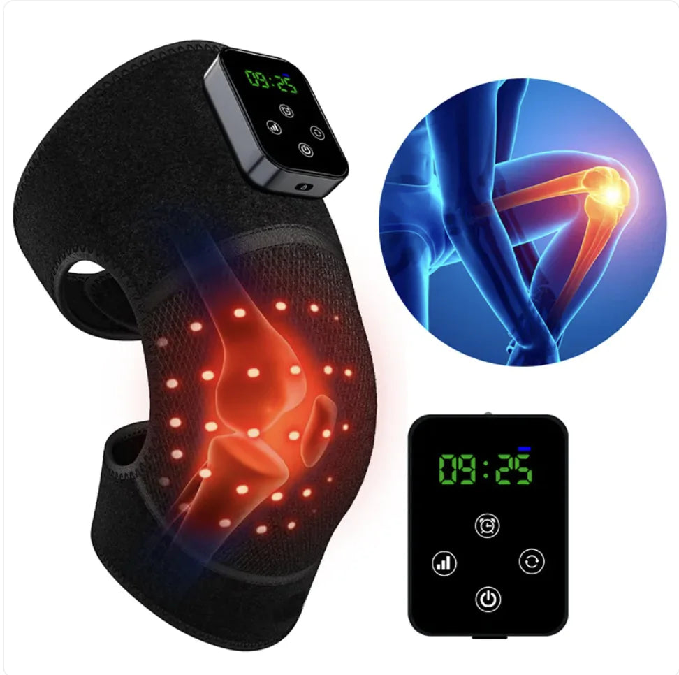 Black electronic knee brace with digital display and inset showing knee pain relief.